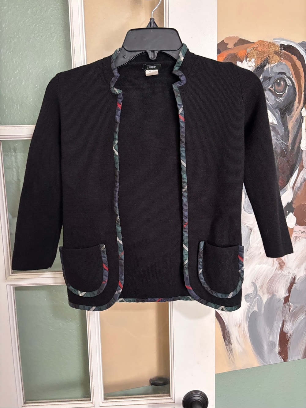 J. Crew Black Knit Open-Front Jacket with Patterned Trim